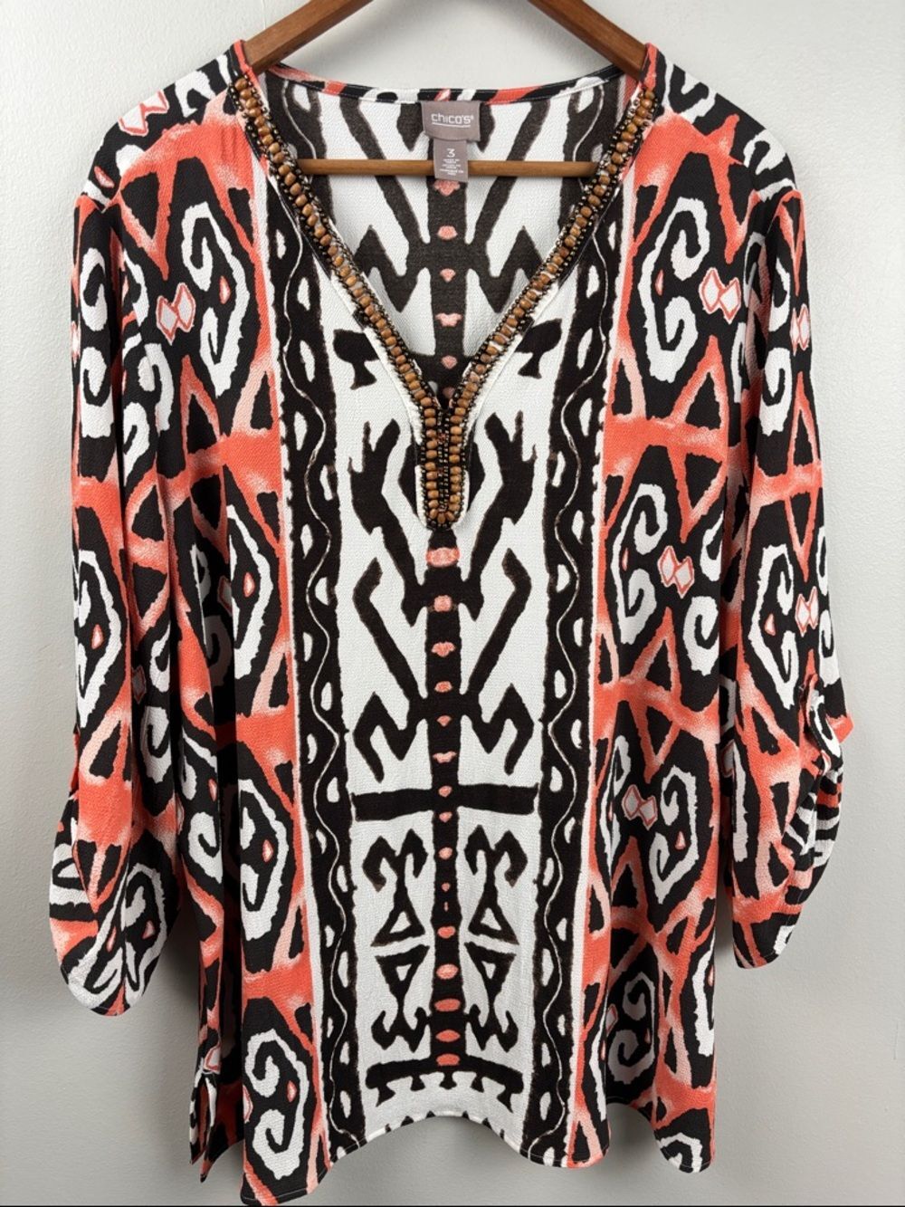 Chico's Coral Black and White Beaded V-Neck Tunic size 3 / XL